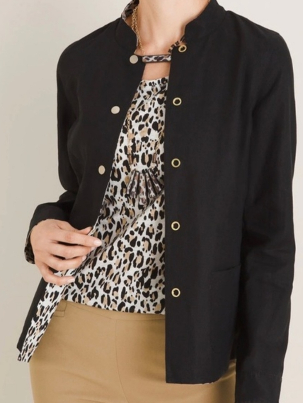 Chico's NWT Chico's Reversible Animal Print To Black Ikat Linen Jacket Size 1
